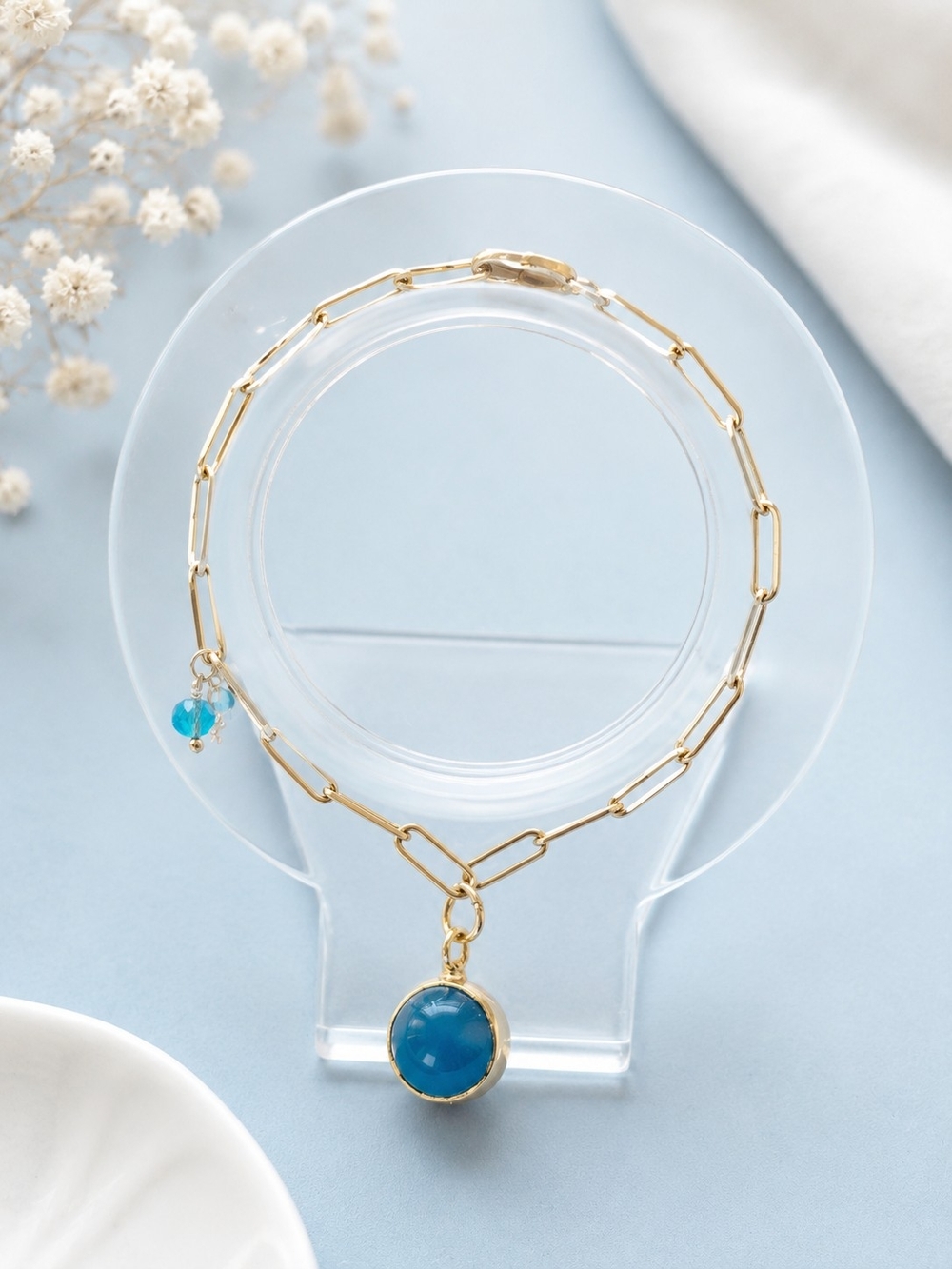 Gold Chain Bracelet with Blue Gem Charm